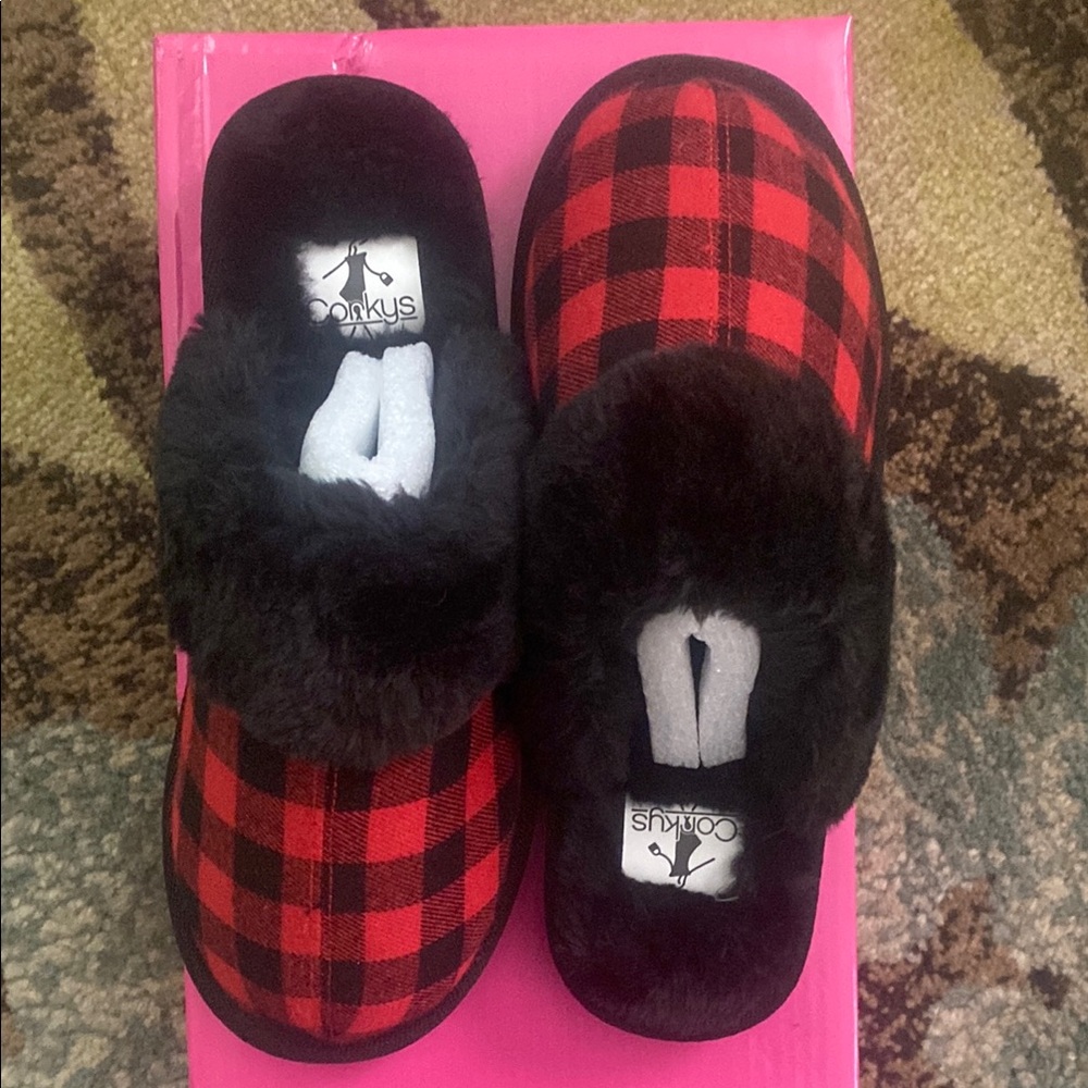 Corkys Buffalo Plaid Slippers in Red and Black